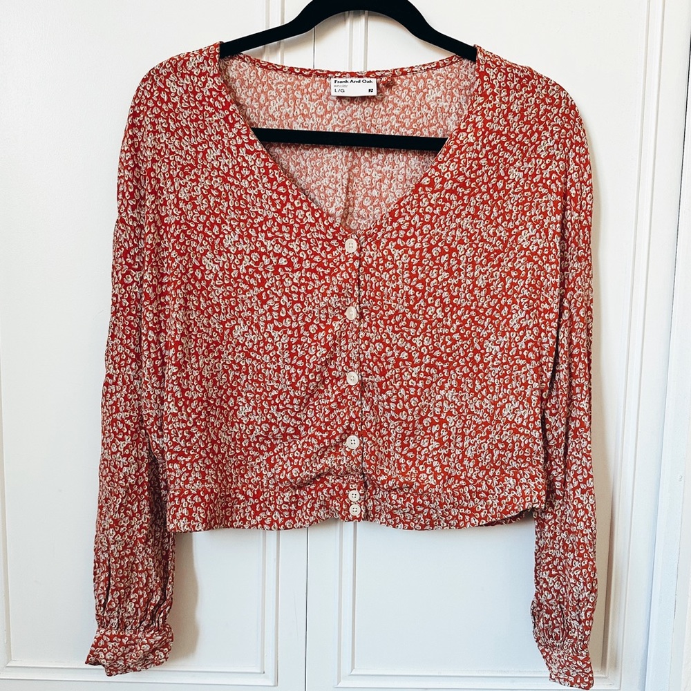 Frank And Oak Long Sleeve Orange Floral Button Down Blouse Top